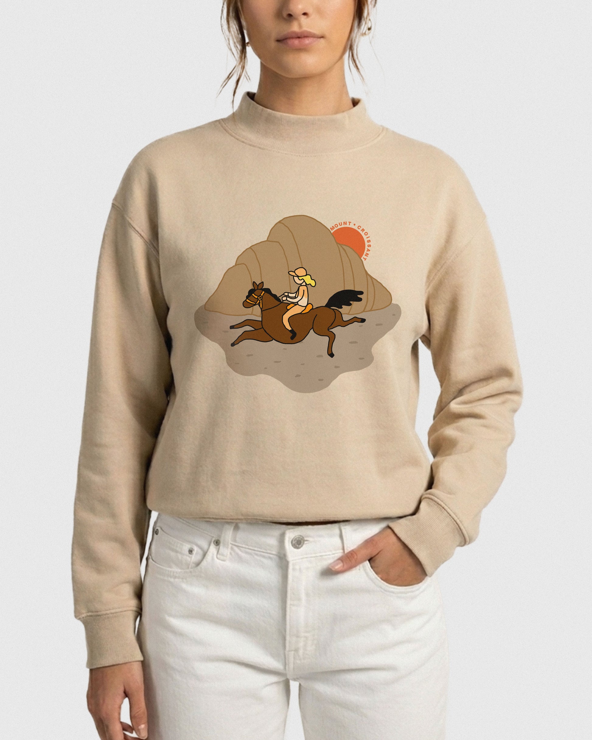 sweatshirt,horse,equestrian,western,fashion,whimsical,gift,graphic,croissant,surreal,illustration,quirky,dream,unique,sweater,brown,cute,relaxed,aesthetic,sunset,sunrise,mountain