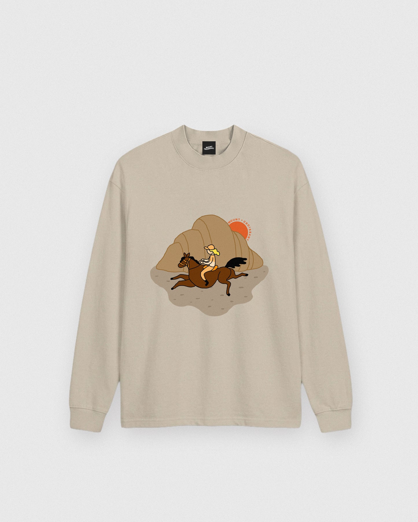 sweatshirt,horse,equestrian,western,fashion,whimsical,gift,graphic,croissant,surreal,illustration,quirky,dream,unique,sweater,brown,cute,relaxed,aesthetic,sunset,sunrise,mountain