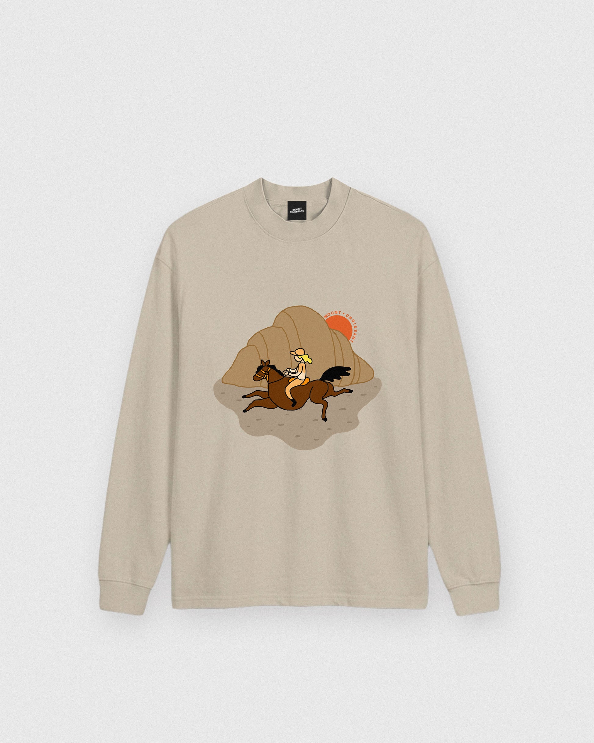 sweatshirt,horse,equestrian,western,fashion,whimsical,gift,graphic,croissant,surreal,illustration,quirky,dream,unique,sweater,brown,cute,relaxed,aesthetic,sunset,sunrise,mountain