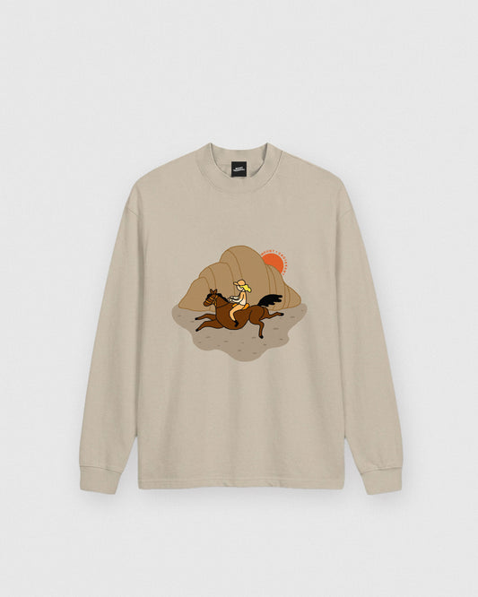 sweatshirt,horse,equestrian,western,fashion,whimsical,gift,graphic,croissant,surreal,illustration,quirky,dream,unique,sweater,brown,cute,relaxed,aesthetic,sunset,sunrise,mountain